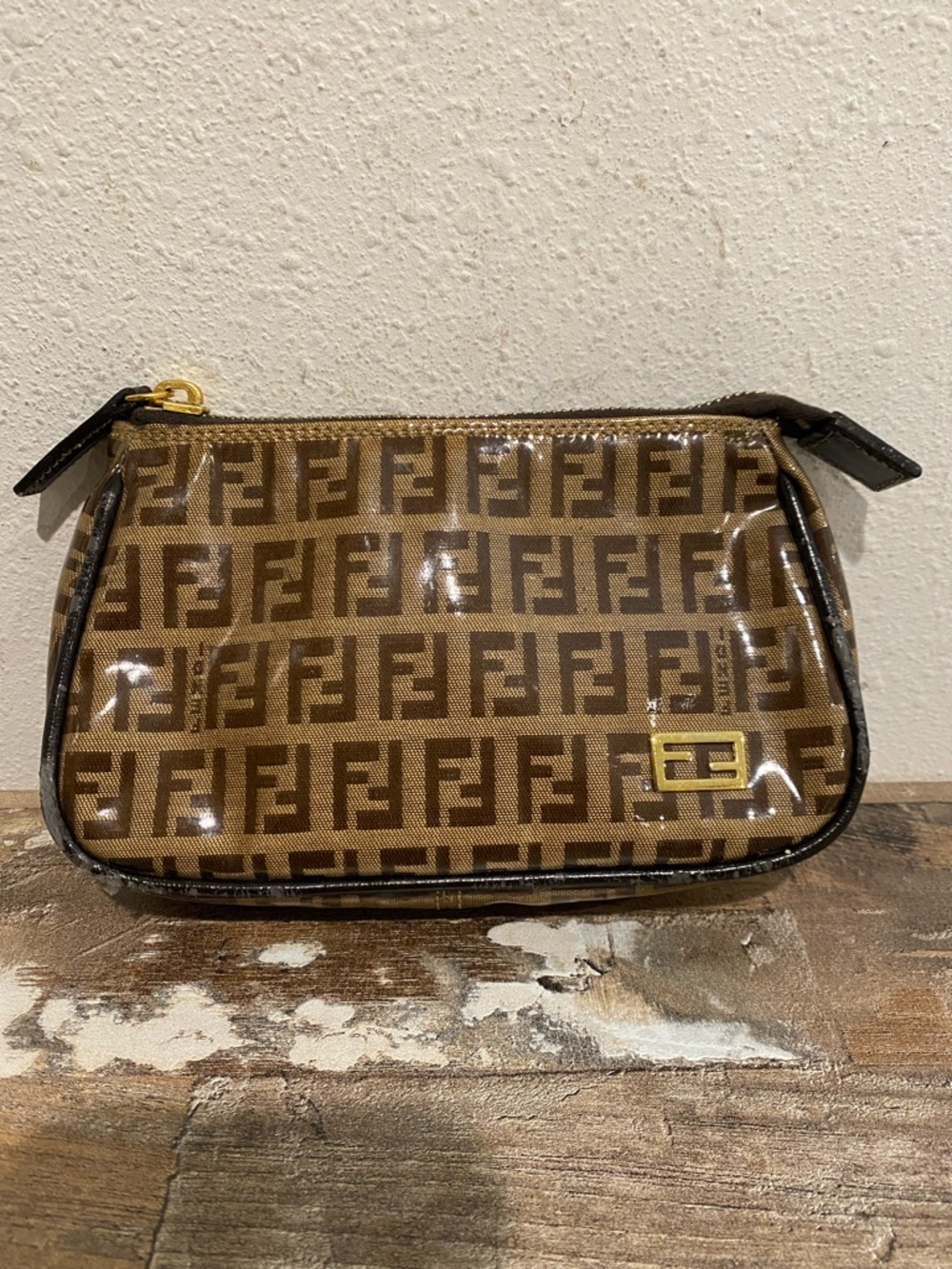 Fendi Zucca FF Logo Patent Cosmetic Pouch with Gold Hardware